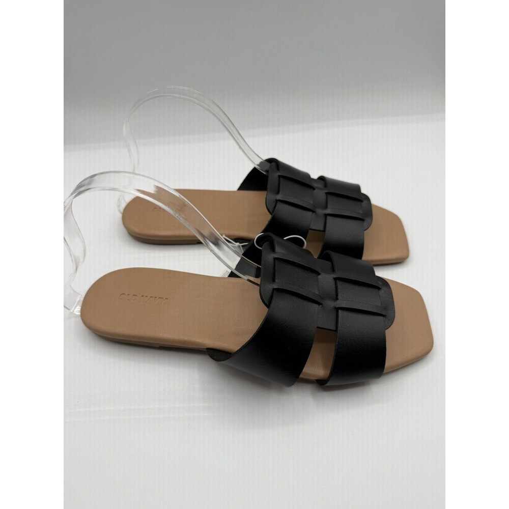 Old Navy Slide Sandals Women Black Faux Leather Vacay Resort Preppy Size 9 NWT